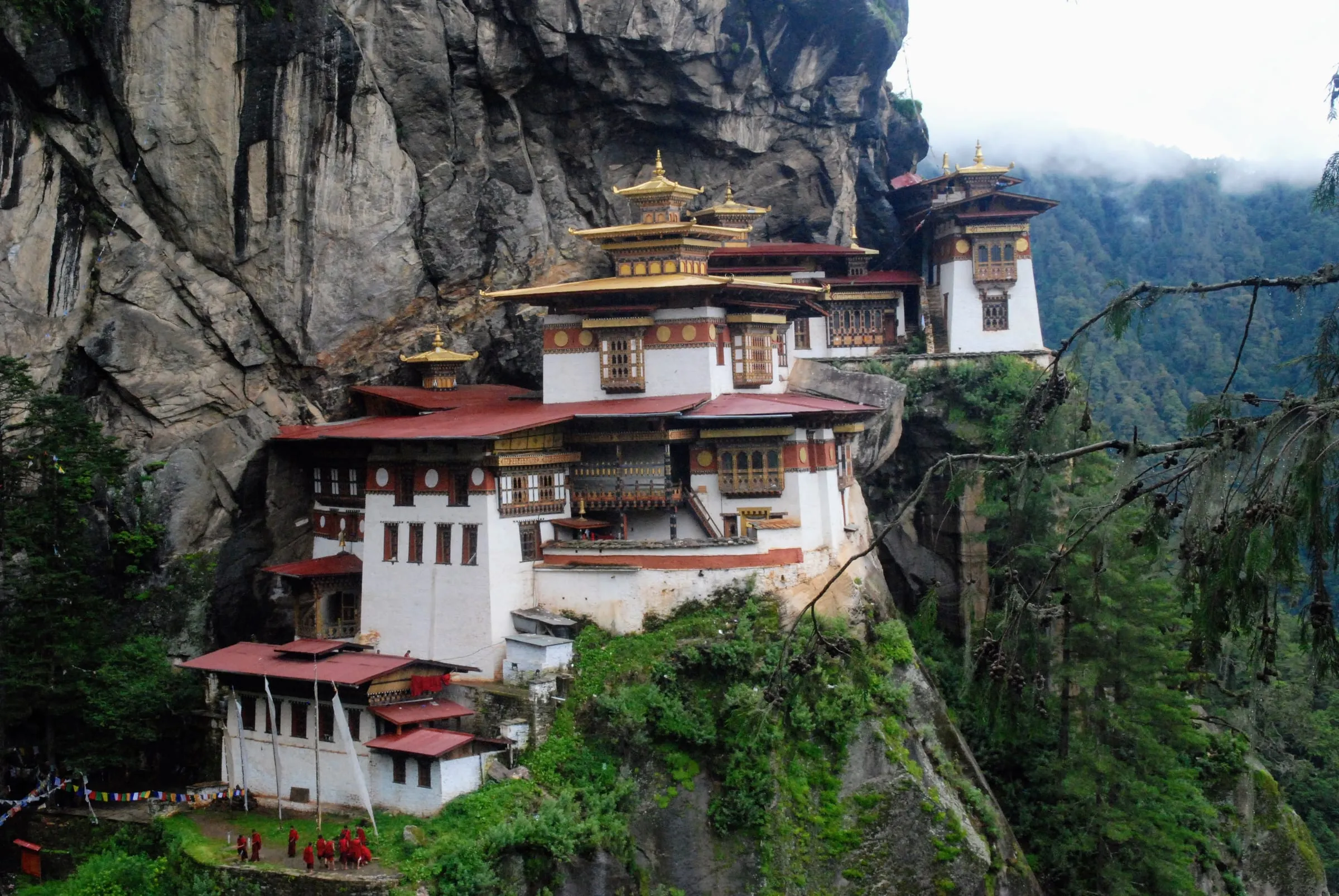 Close view of the temple’s golden roofs and whitewashed walls