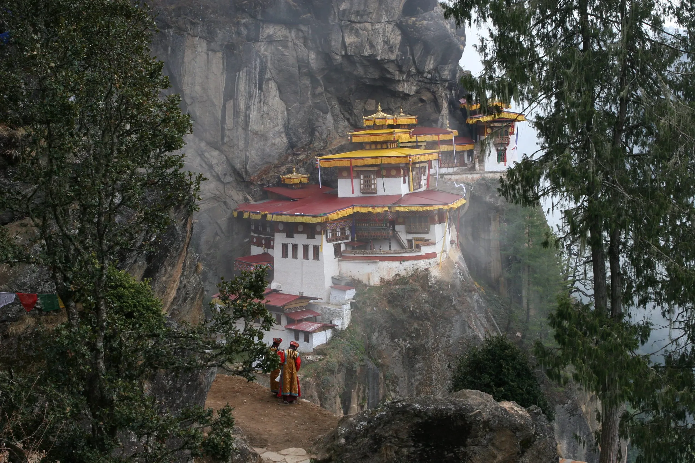 Visitors gazing toward the monastery through the trees